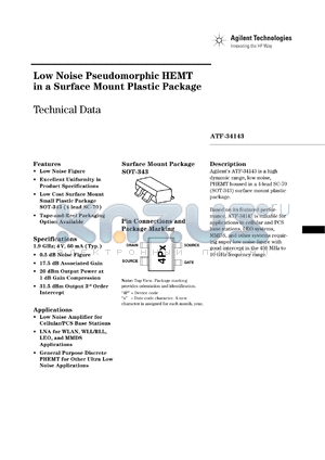 ATF-34143-TR2 datasheet - Low Noise Pseudomorphic HEMT in a Surface Mount Plastic Package