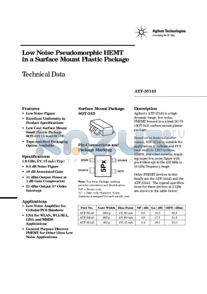 ATF-35143-BLK datasheet - Low Noise Pseudomorphic HEMT in a Surface Mount Plastic Package