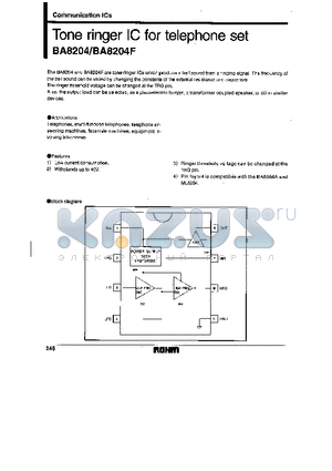 BA8204 datasheet - Tone ringer IC for telephone set