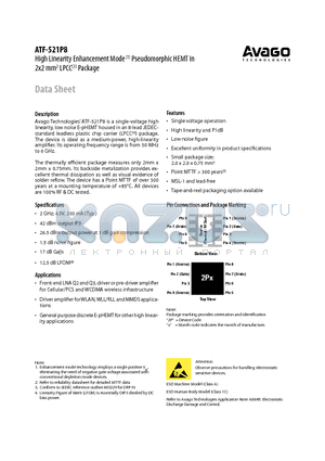 ATF-521P8-TR1 datasheet - High Linearity Enhancement Mode[1] Pseudomorphic 2x2 mm2 LPCC[3] Package