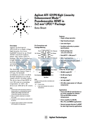 ATF-531P8-TR1 datasheet - High Linearity Enhancement Mode Pseudomorphic HEMT in 2x2 mm LPCC Package