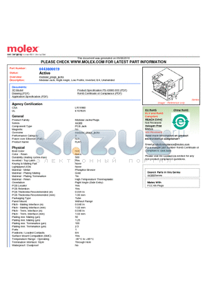 0443800019 datasheet - Modular Jack, Right Angle, Low Profile, Inverted, 8/4, Unshielded