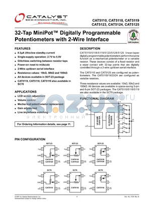 CAT5110TBI-00-T10 datasheet - 32-Tap MiniPot TM Digitally Programmable Potentiometers with 2-Wire Interface
