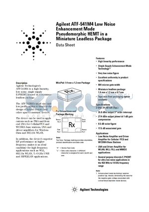 ATF-541M4 datasheet - Low Noise Enhancement Mode Pseudomorphic HEMT in a Miniature Leadless Package