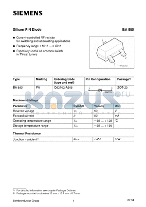 BA885 datasheet - Silicon PIN Diode