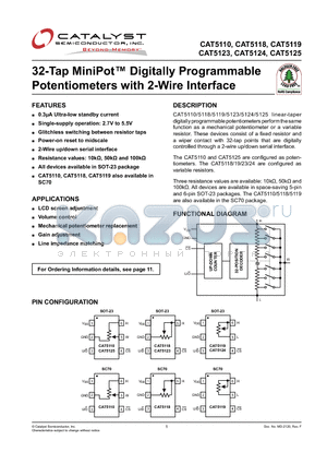 CAT5110TBI-10-T10 datasheet - 32-Tap MiniPot Digitally Programmable Potentiometers with 2-Wire Interface