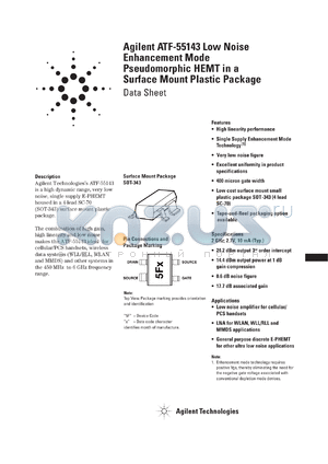 ATF-55143-BLK datasheet - Agilent ATF-55143 Low Noise Enhancement Mode Pseudomorphic HEMT in a Surface Mount Plastic Package