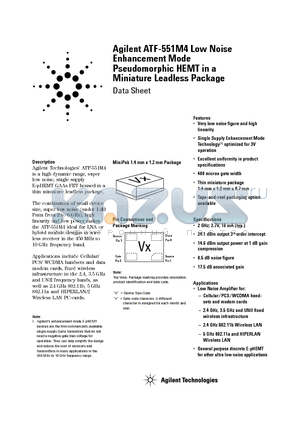 ATF-551M4-BLK datasheet - Low Noise Enhancement Mode Pseudomorphic HEMT in a Miniature Leadless Package