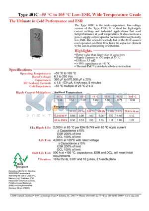 401C663M063BF8 datasheet - Low-ESR, Wide Temperature Grade The Ultimate in Cold Performance and ESR