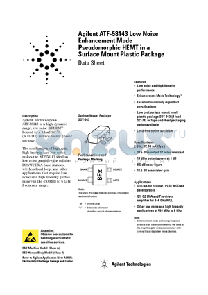 ATF-58143 datasheet - Low Noise Enhancement Mode Pseudomorphic HEMT in a Surface Mount Plastic Package