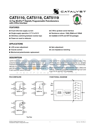 CAT5110TBI-50-T10 datasheet - 32-Tap MiniPot Digitally Programmable Potentiometers with 2-Wire Interface