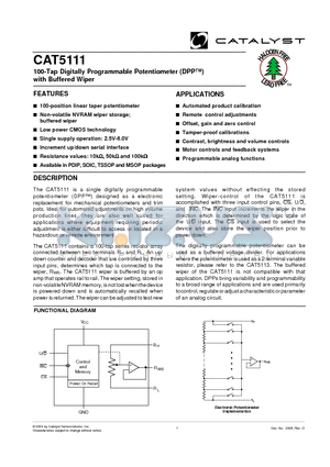 CAT5111 datasheet - 100-Tap Digitally Programmable Potentiometer (DPP) with Buffered Wiper