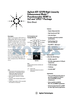ATF-521P8-BLK datasheet - High Linearity Enhancement Mode Pseudomorphic HEMT in 2x2 mm2 LPCC Package
