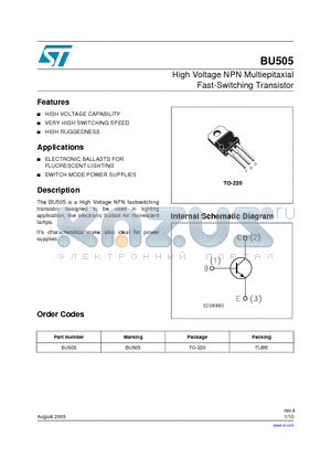 BU505_05 datasheet - High Voltage NPN Multiepitaxial Fast-Switching Transistor