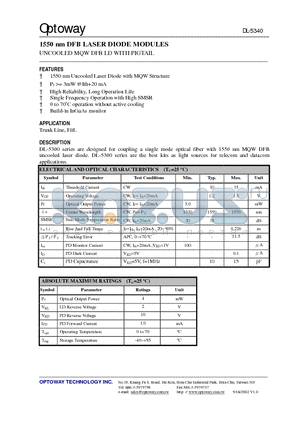 DL-5340-HTS datasheet - 1550 nm DFB LASER DIODE MODULES UNCOOLED MQW DFB LD WITH PIGTAIL