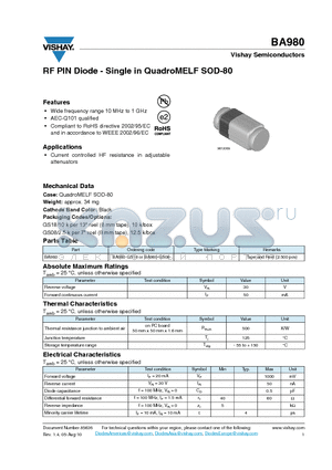 BA980 datasheet - RF PIN Diode - Single in QuadroMELF SOD-80