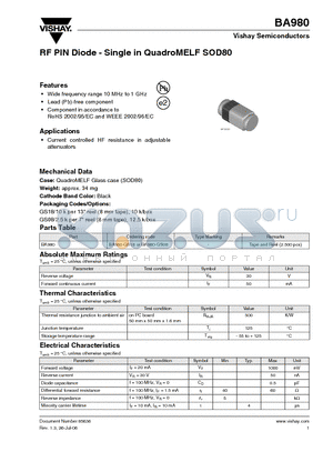 BA980-GS08 datasheet - RF PIN Diode - Single in QuadroMELF SOD80