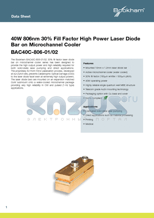 BAC40C-806-02 datasheet - 40W 806nm 30% Fill Factor High Power Laser Diode Bar on Microchannel Cooler