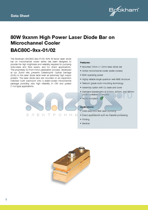 BAC80C-980-02 datasheet - 80W 9xxnm High Power Laser Diode Bar on Microchannel Cooler