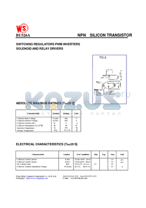 BU526A datasheet - NPN SILICON TRANSISTOR(SWITCHING REGULATORS PWM INVERTERS SOLENOID AND RELAY DRIVERS)