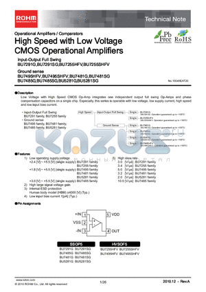 BU5281G datasheet - High Speed with Low Voltage CMOS Operational Amplifiers