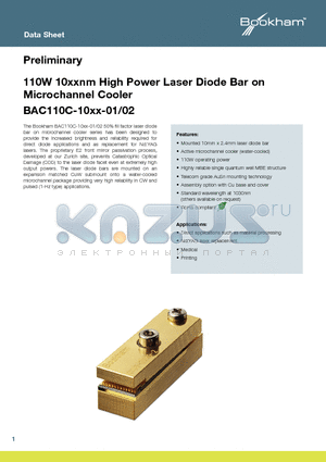 BAC110C datasheet - 110W 10xxnm High Power Laser Diode Bar on Microchannel Cooler