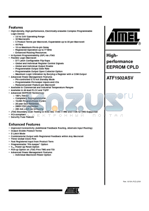 ATF1502ASV-15AI44 datasheet - Highperformance EEPROM CPLD