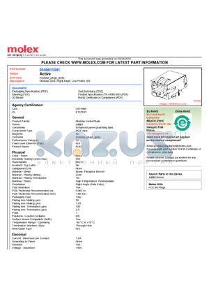 0446611001 datasheet - Modular Jack, Right Angle, Low Profile, 8/8