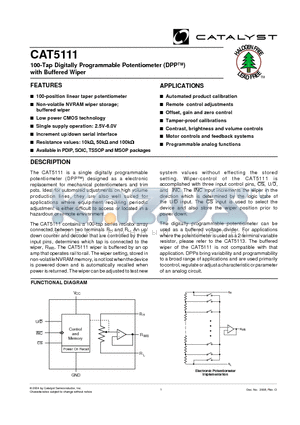 CAT5111SI-10SOIC datasheet - 100-Tap Digitally Programmable Potentiometer (DPP) with Buffered Wiper