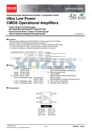 BU7265G datasheet - Ultra Low Power CMOS Operational Amplifiers