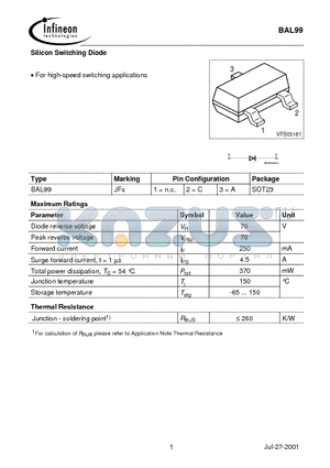 BAL99 datasheet - Silicon Switching Diode