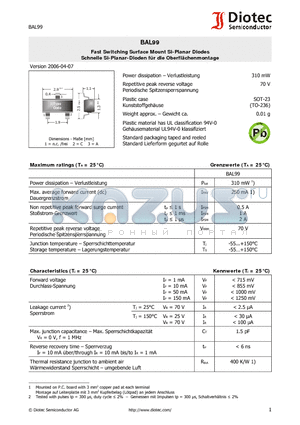 BAL99 datasheet - Fast Switching Surface Mount Si-Planar Diodes