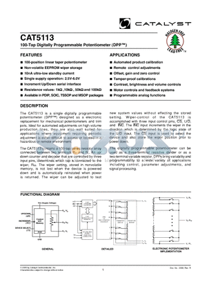 CAT5111V-10TE13 datasheet - 100-Tap Digitally Programmable Potentiometer