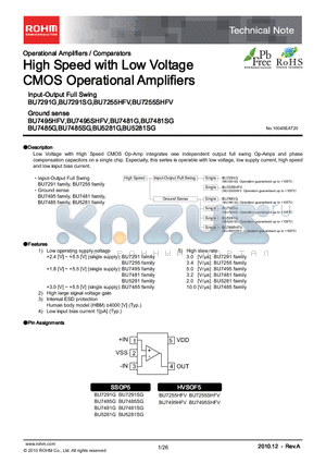 BU7495HFV datasheet - High Speed with Low Voltage CMOS Operational Amplifiers