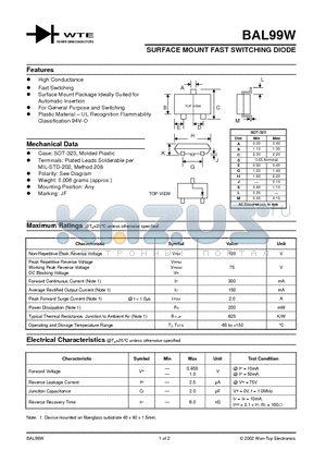 BAL99W-T1 datasheet - SURFACE MOUNT FAST SWITCHING DIODE