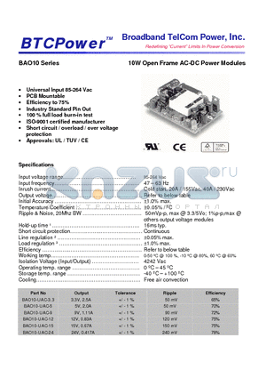 BAO10-UAC-15 datasheet - 10W Open Frame AC-DC Power Modules