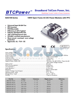 BAO100-PAC-9 datasheet - 100W Open Frame AC-DC Power Modules with PFC