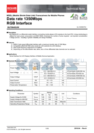 BU7964GUW-E2 datasheet - Data rate 1350Mbps RGB Interface