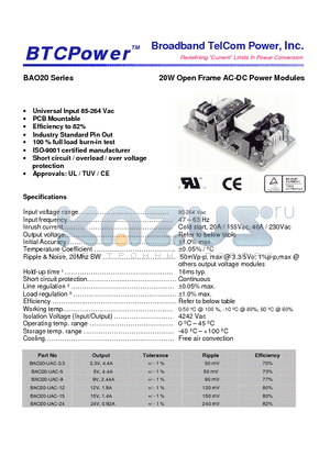 BAO20-UAC-24 datasheet - 20W Open Frame AC-DC Power Modules