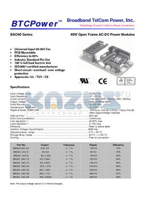 BAO40-UAC-3.3 datasheet - 40W Open Frame AC-DC Power Modules