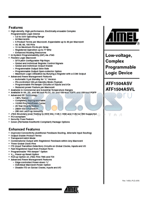 ATF1504ASVL datasheet - Low-voltage, Complex Programmable Logic Device