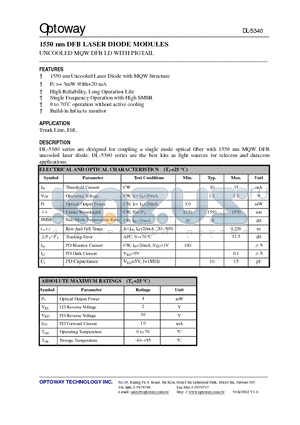 DL-5340S-HTA datasheet - 1550 nm DFB LASER DIODE MODULES UNCOOLED MQW DFB LD WITH PIGTAIL