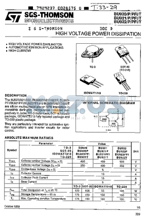 BU922T datasheet - HIGH VOLTAGE POWER DISSIPATION
