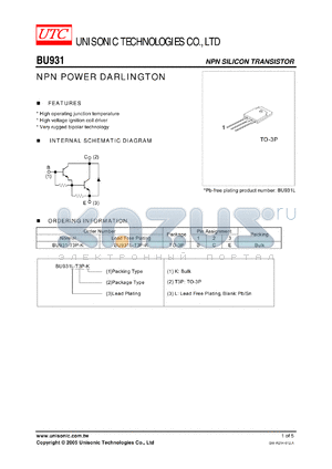 BU931L-T3P-K datasheet - NPN POWER DARLINGTON