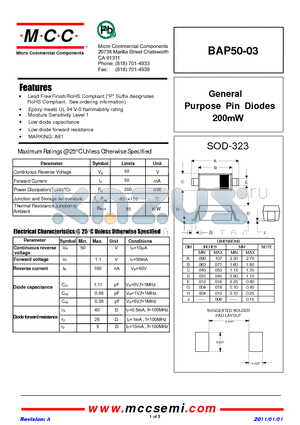 BAP50-03 datasheet - General Purpose Pin Diodes 200mW