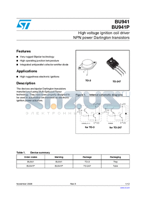 BU941 datasheet - High voltage ignition coil driver NPN power Darlington transistors