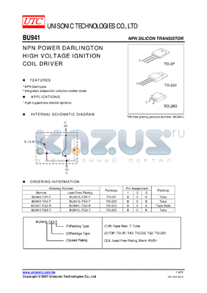 BU941-TQ2-R datasheet - NPN POWER DARLINGTON HIGH VOLTAGE IGNITION COIL DRIVER