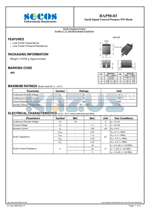 BAP50-03 datasheet - Small Signal General Purpose PiN Diode