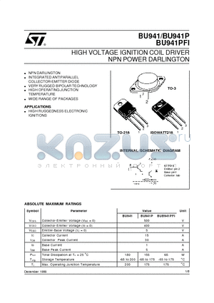 BU941P datasheet - HIGH VOLTAGE IGNITION COIL DRIVER NPN POWER DARLINGTON