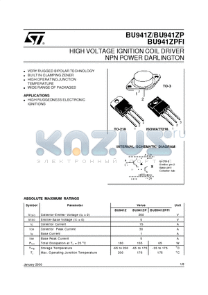BU941Z datasheet - HIGH VOLTAGE IGNITION COIL DRIVER NPN POWER DARLINGTON